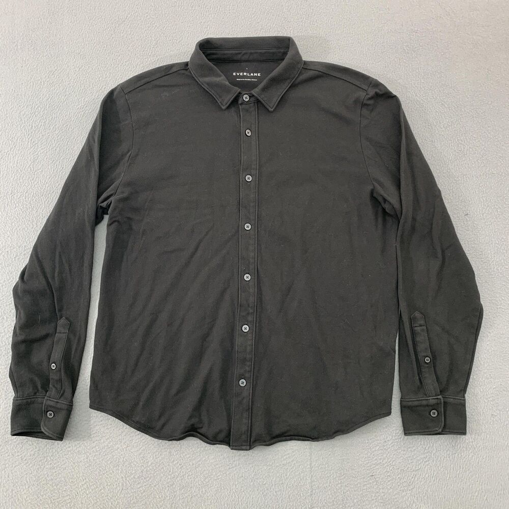 Everlane Shirt Mens Large Black Stretch Knit Long Sleeve Button Front Casual
